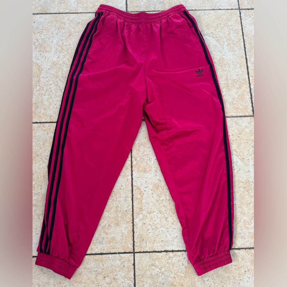 Adidas Women's Red Joggers with Black Stripes